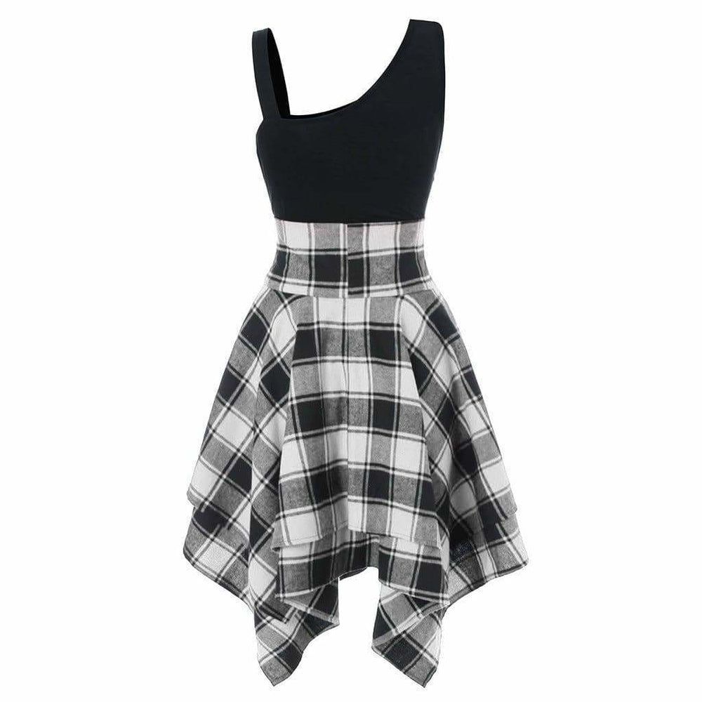Sleeveless Cold Shoulder Cross Lace Up Plaid Asymmetrical Dress Mssaz Desses