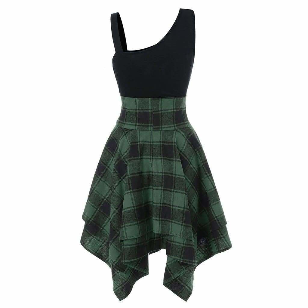 Sleeveless Cold Shoulder Cross Lace Up Plaid Asymmetrical Dress Mssaz Desses
