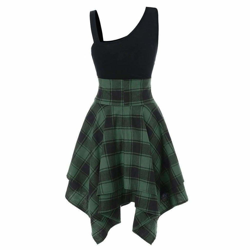 Sleeveless Cold Shoulder Cross Lace Up Plaid Asymmetrical Dress Mssaz Desses