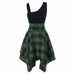 Sleeveless Cold Shoulder Cross Lace Up Plaid Asymmetrical Dress Mssaz Desses