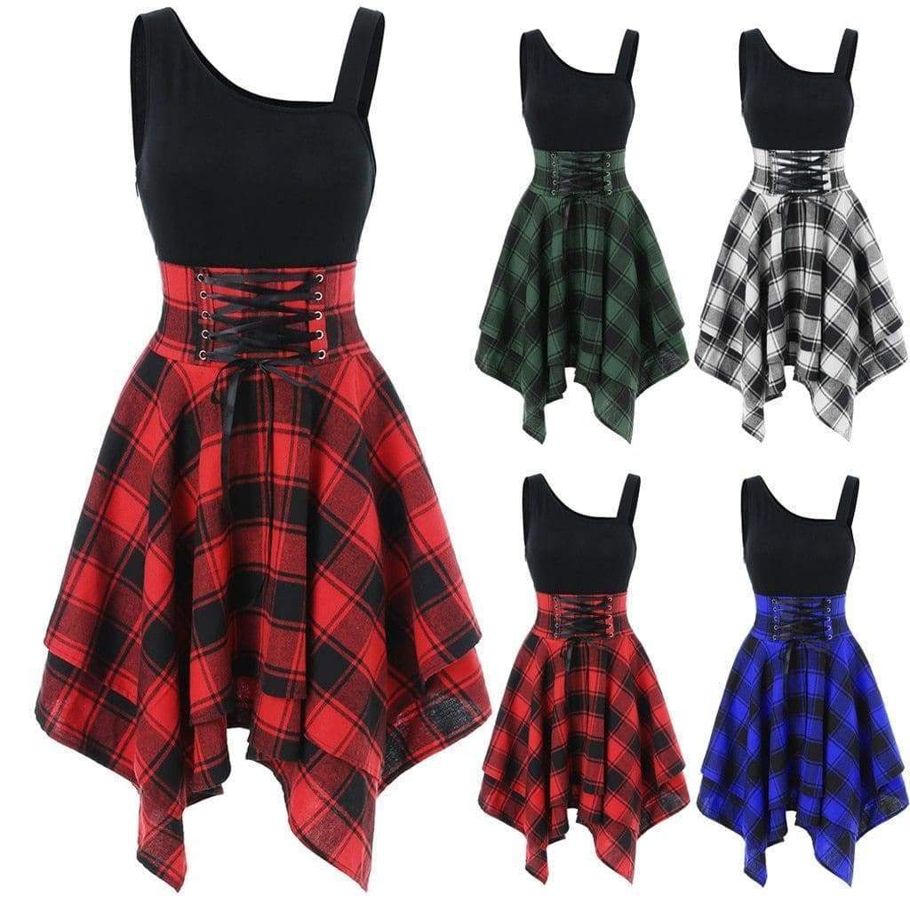 Sleeveless Cold Shoulder Cross Lace Up Plaid Asymmetrical Dress Mssaz Desses