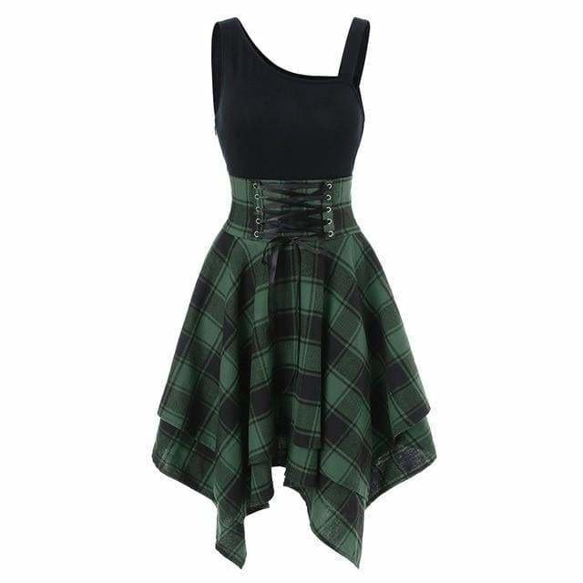 Sleeveless Cold Shoulder Cross Lace Up Plaid Asymmetrical Dress Mssaz Desses