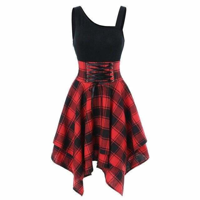 Sleeveless Cold Shoulder Cross Lace Up Plaid Asymmetrical Dress Mssaz Desses