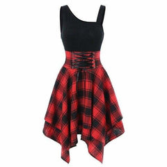 Sleeveless Cold Shoulder Cross Lace Up Plaid Asymmetrical Dress Mssaz Desses