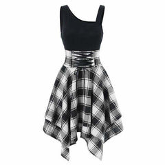 Sleeveless Cold Shoulder Cross Lace Up Plaid Asymmetrical Dress Mssaz Desses
