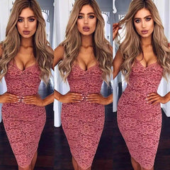 Lace Elegant Party Bodycon Dress Ladies V-Neck Spaghetti Strap Knee-Length Formal Dress Mssaz Desses