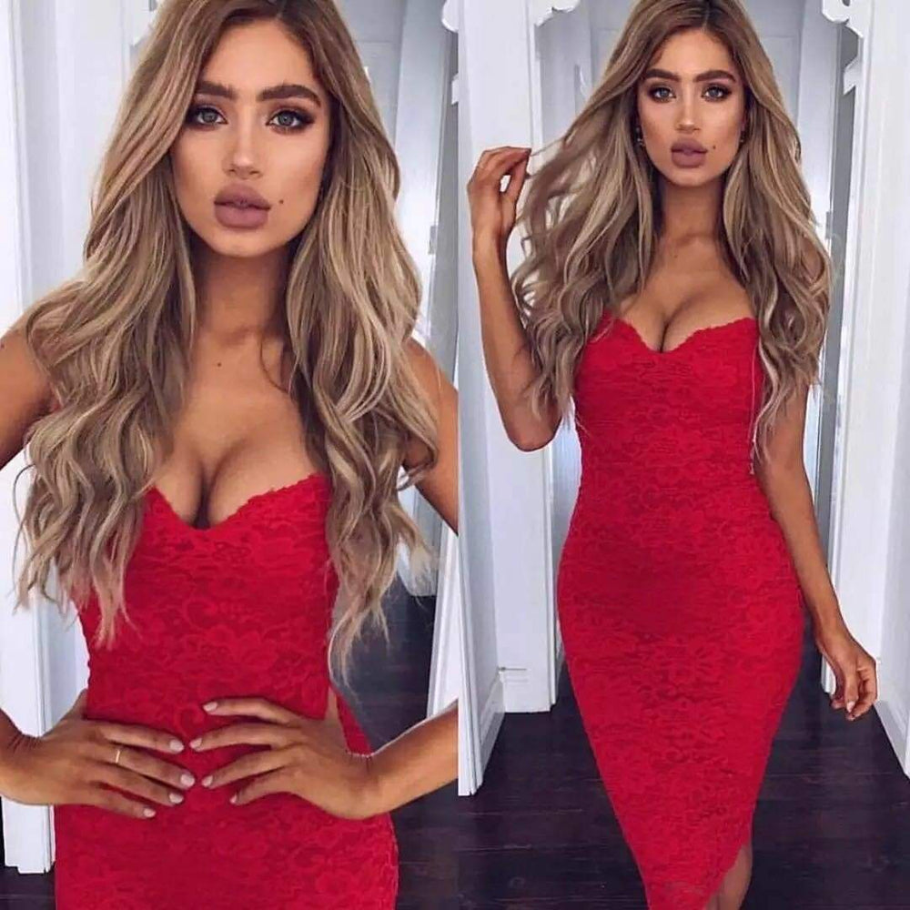 Lace Elegant Party Bodycon Dress Ladies V-Neck Spaghetti Strap Knee-Length Formal Dress Mssaz Desses