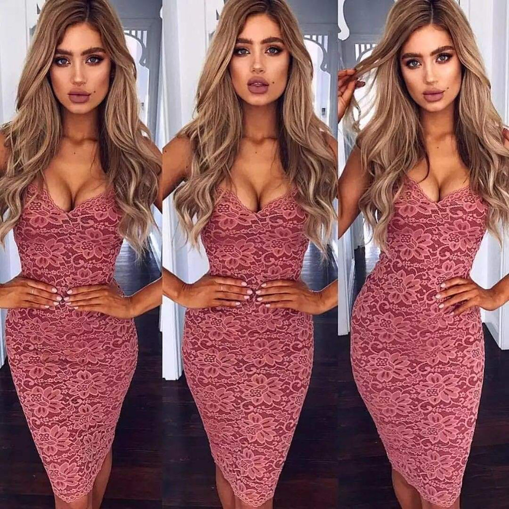 Lace Elegant Party Bodycon Dress Ladies V-Neck Spaghetti Strap Knee-Length Formal Dress Mssaz Desses
