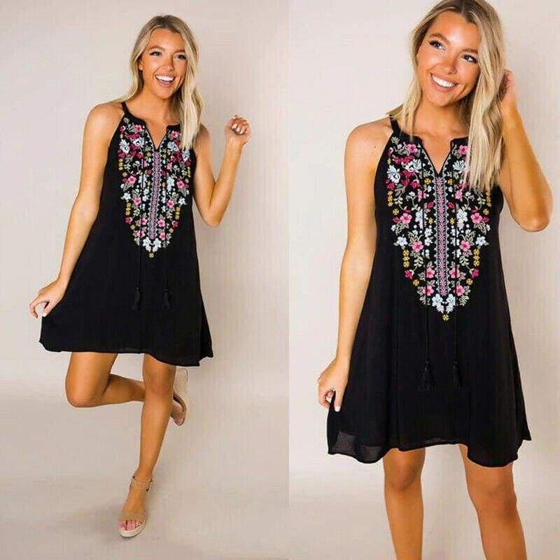 Boho Floral Sleeveless Dress Bohemian  Holiday Party Beach Casual Short Mini Dress Sundress Mssaz Desses