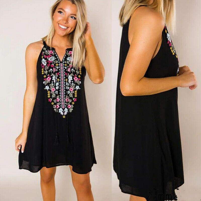 Boho Floral Sleeveless Dress Bohemian  Holiday Party Beach Casual Short Mini Dress Sundress Mssaz Desses