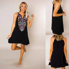Boho Floral Sleeveless Dress Bohemian  Holiday Party Beach Casual Short Mini Dress Sundress Mssaz Desses