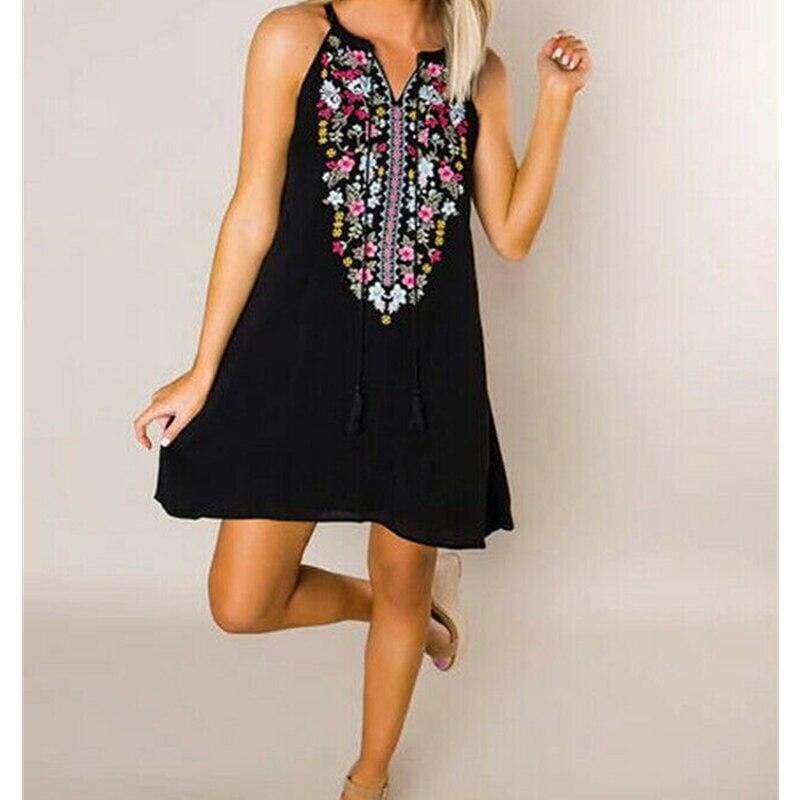 Boho Floral Sleeveless Dress Bohemian  Holiday Party Beach Casual Short Mini Dress Sundress Mssaz Desses