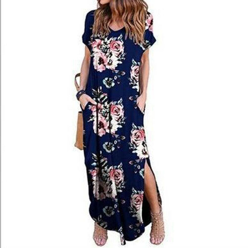 Boho Pocket Long Maxi Dress Floral Cocktail Party  Beach Casual V Neck Split Loose Dress Sundress Mssaz Desses