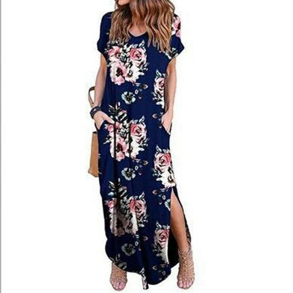 Boho Pocket Long Maxi Dress Floral Cocktail Party  Beach Casual V Neck Split Loose Dress Sundress Mssaz Desses