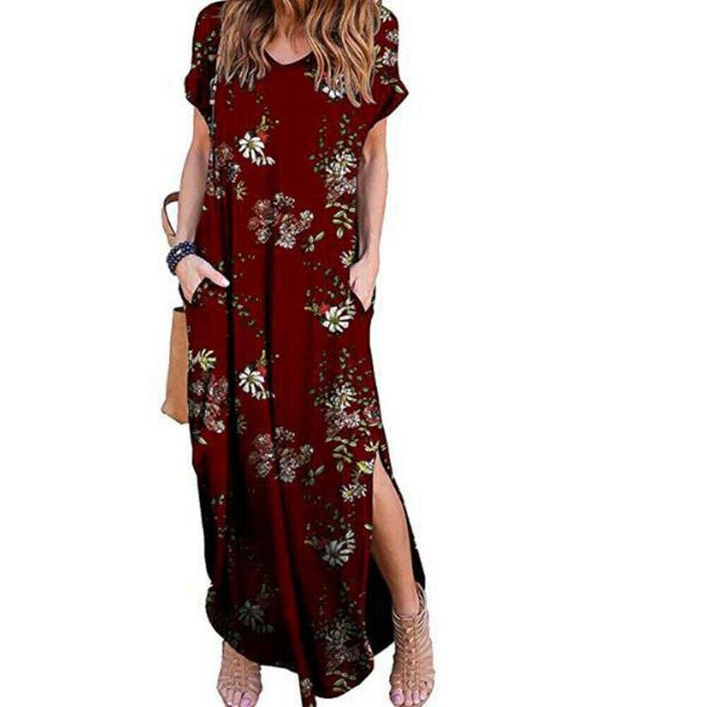 Boho Pocket Long Maxi Dress Floral Cocktail Party  Beach Casual V Neck Split Loose Dress Sundress Mssaz Desses