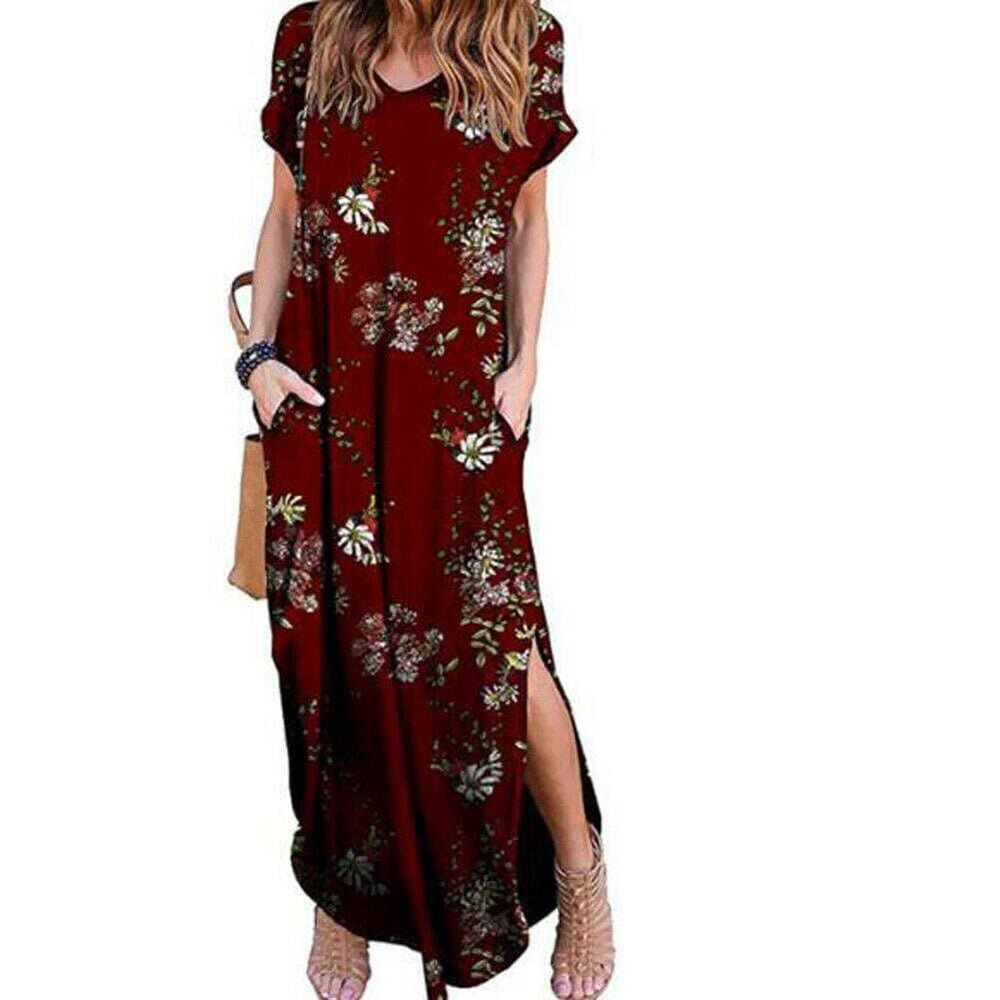 Boho Pocket Long Maxi Dress Floral Cocktail Party  Beach Casual V Neck Split Loose Dress Sundress Mssaz Desses