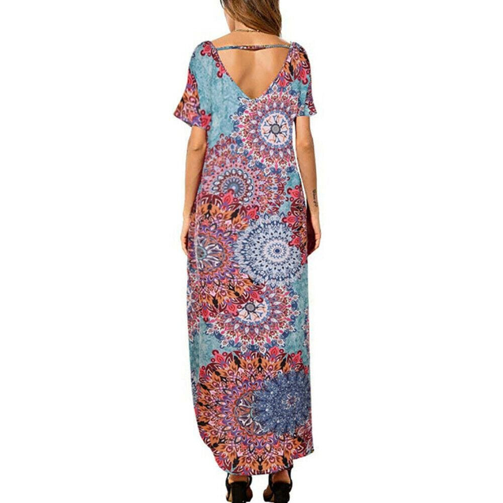 Boho Pocket Long Maxi Dress Floral Cocktail Party  Beach Casual V Neck Split Loose Dress Sundress Mssaz Desses