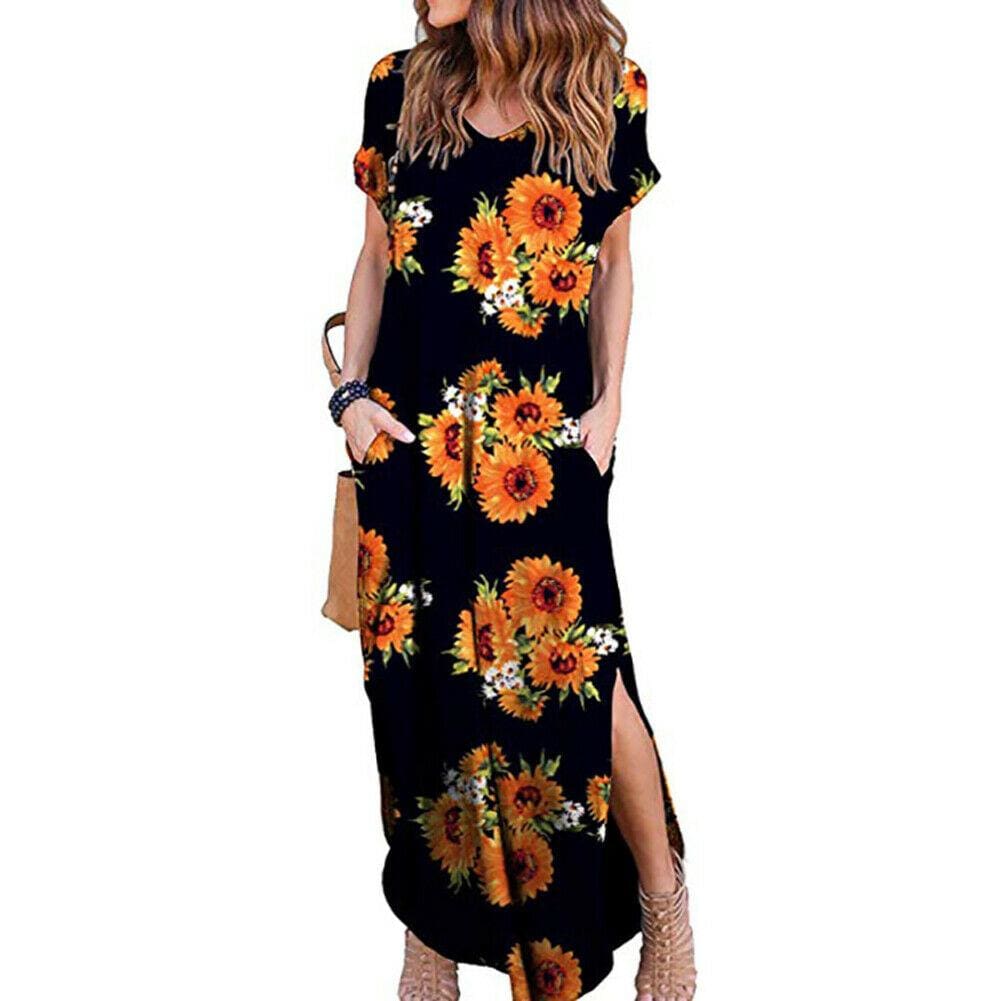 Boho Pocket Long Maxi Dress Floral Cocktail Party  Beach Casual V Neck Split Loose Dress Sundress Mssaz Desses
