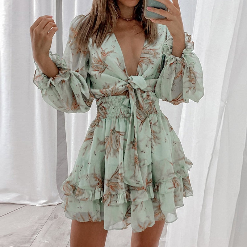 Floral Chiffon Ruffles A-Line Deep V Tied Up Dress Mssaz Desses