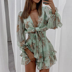 Floral Chiffon Ruffles A-Line Deep V Tied Up Dress Mssaz Desses