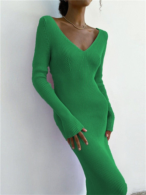 V-Neck Backless Knit Rib Wrap Midi Pencil Dress Mssaz Desses