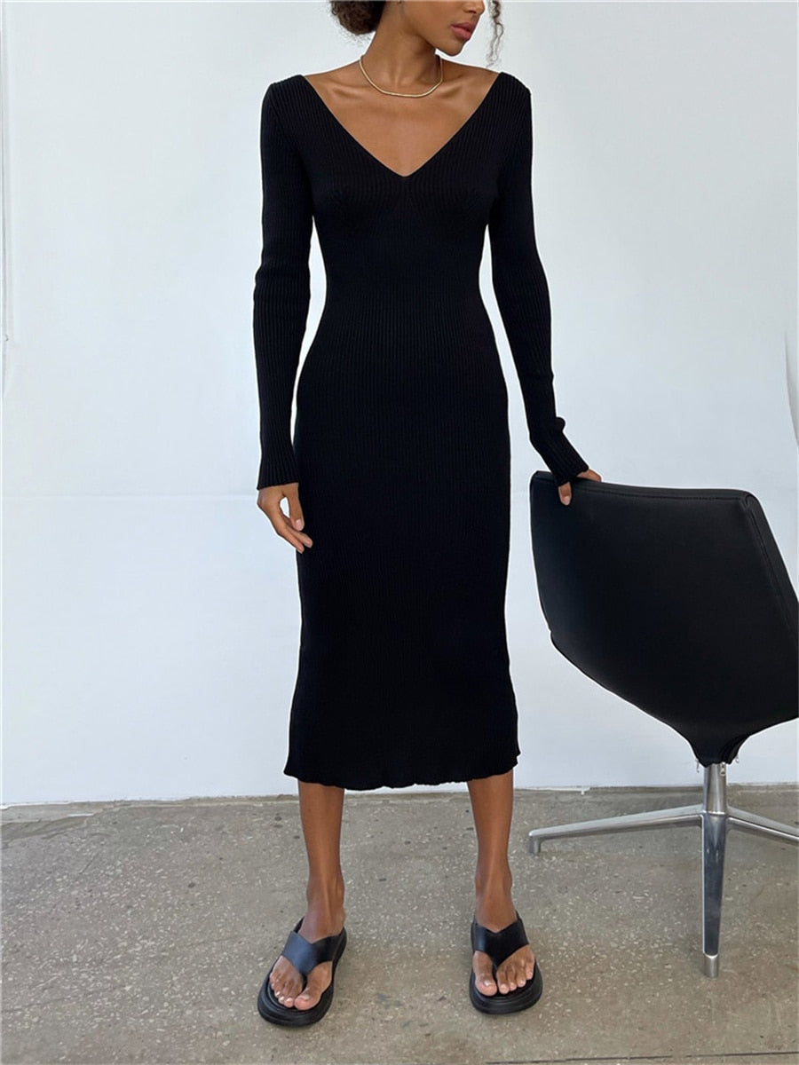 V-Neck Backless Knit Rib Wrap Midi Pencil Dress Mssaz Desses