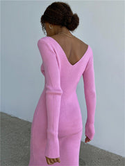 V-Neck Backless Knit Rib Wrap Midi Pencil Dress Mssaz Desses